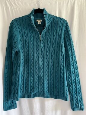 L.L. Bean Teal Cable Knit Zip-Up Sweater